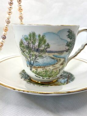 Stafford Scenic White Gold Rim Teacup and Saucer